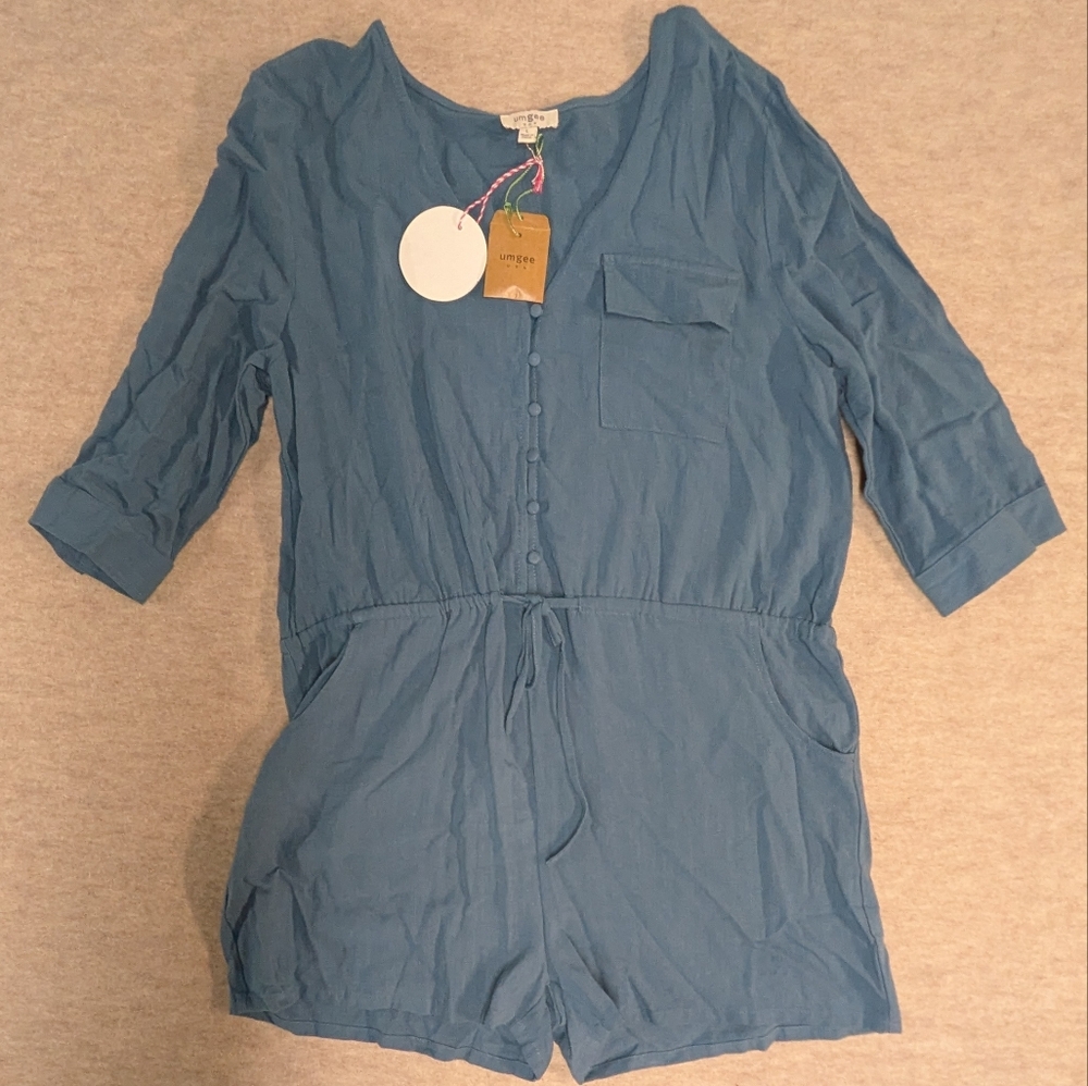 *NWT* Umgee Linen & Cotton Denim Blue Shorts Romper Cinch Waist Buttons Size L